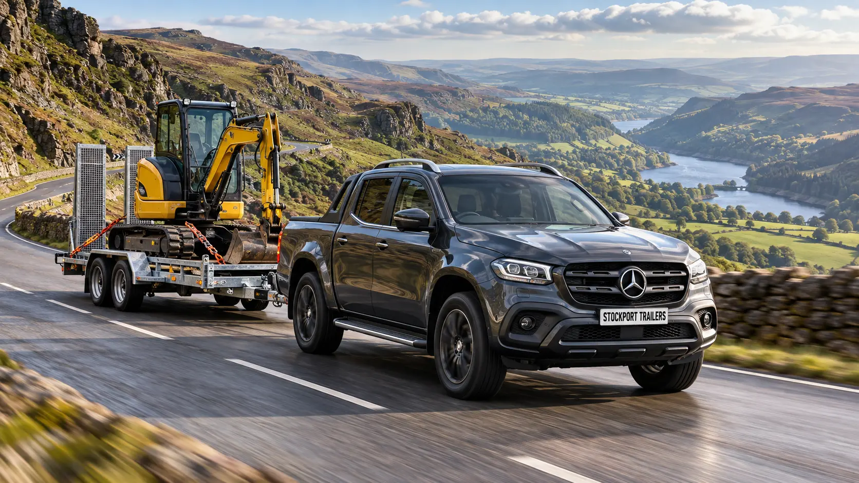 Mercedes pickup towing a digger through Snake Pass