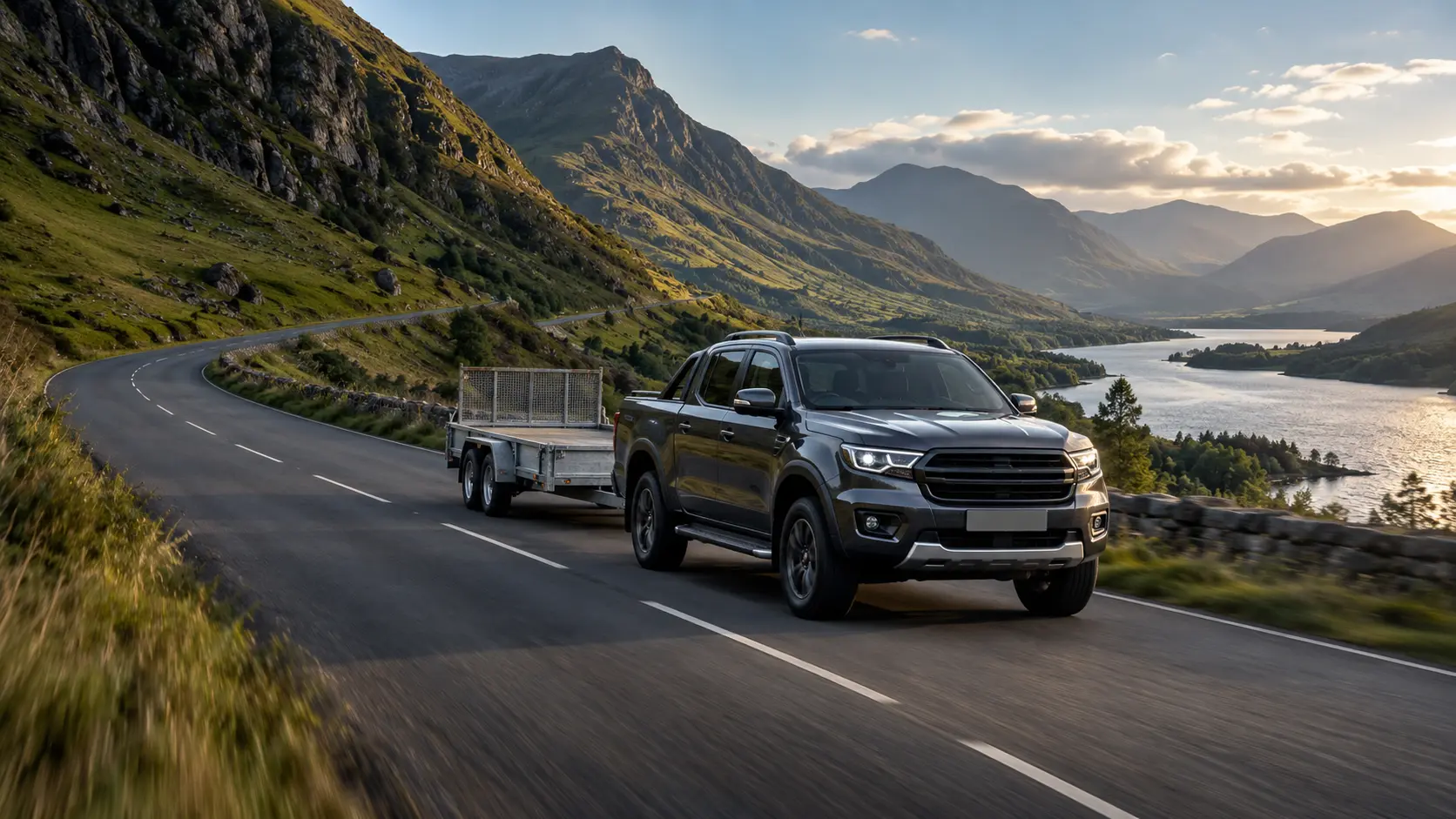 Vehicle towing a trailer on a country road